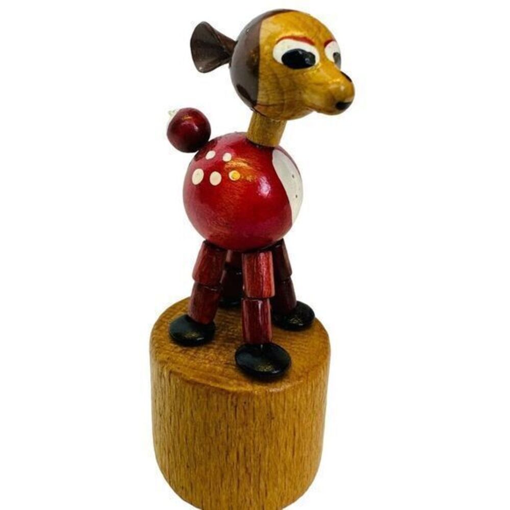 Vintage Hand Crafted Wooden Push Thumb Toy Spotted Deer Collectible‎ 3" Tall